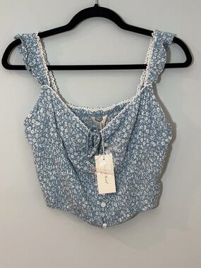 Sim and Sam Light Blue Floral Lace-Trim Smocked Crop Top